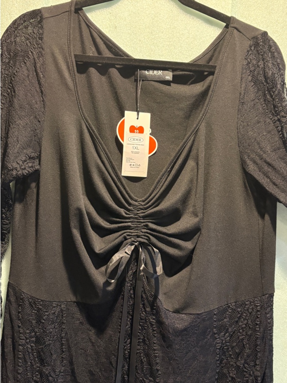 Cider Black Lace-Trim Ruched Midi Dress. Bell Sleeves. Hobo 1XL Goth Midi NWT - Picture 2 of 6